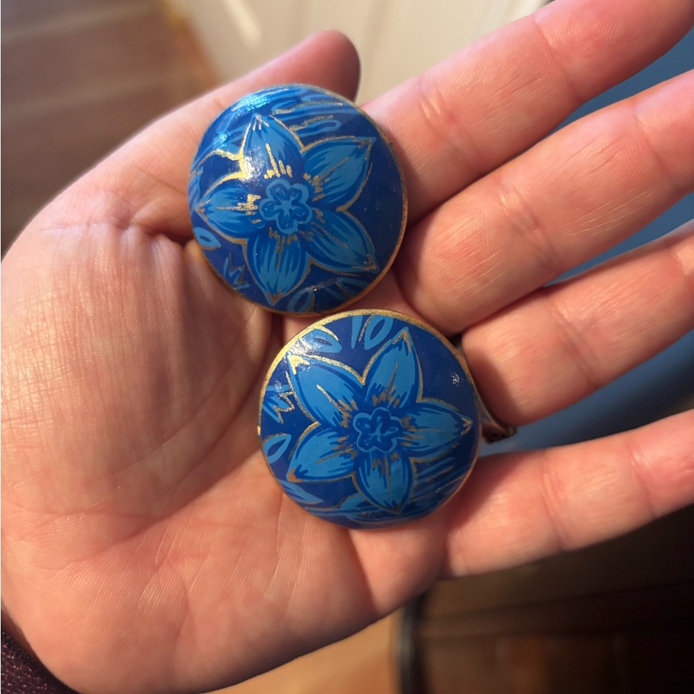 Vintage Blue Floral Clip On Earrings